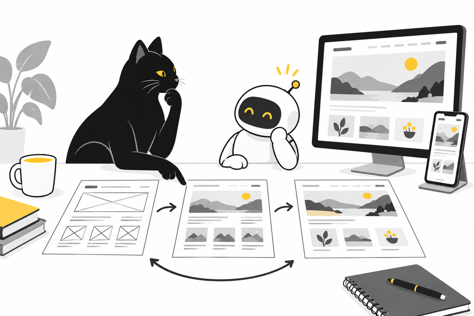 黒猫とAIがサイト案を見比べ、フィードバックと修正を繰り返す